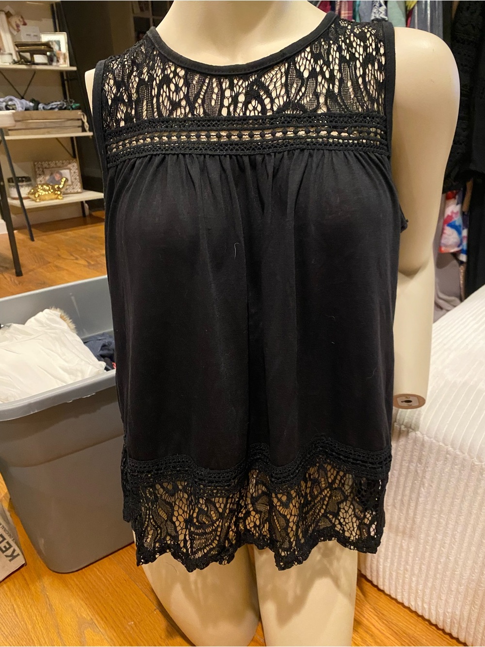 Black Lace Yoke & Hem Sleeveless Top